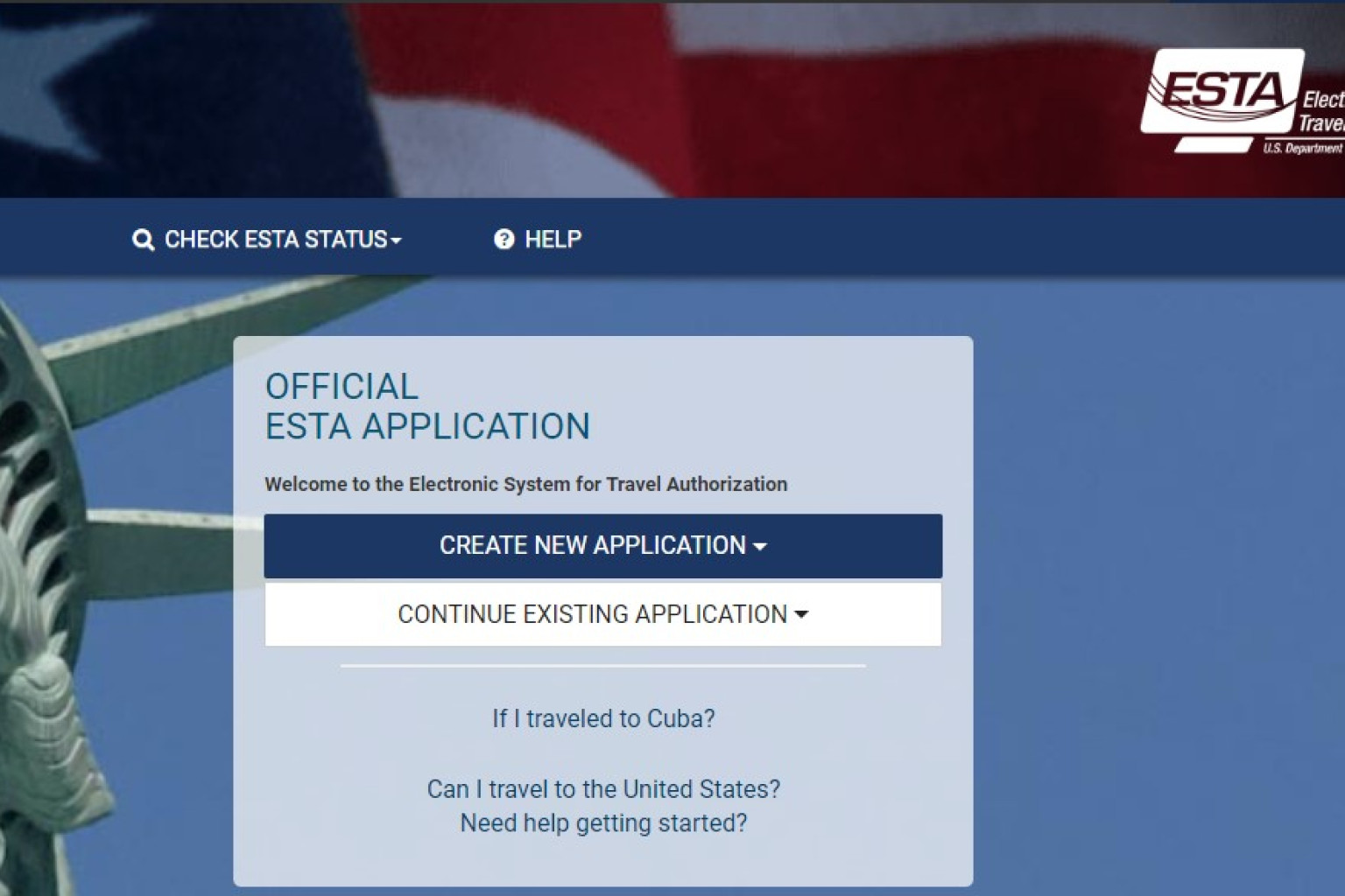 Bild vom ESTA-Antrag mit Kuba-Hinweis
