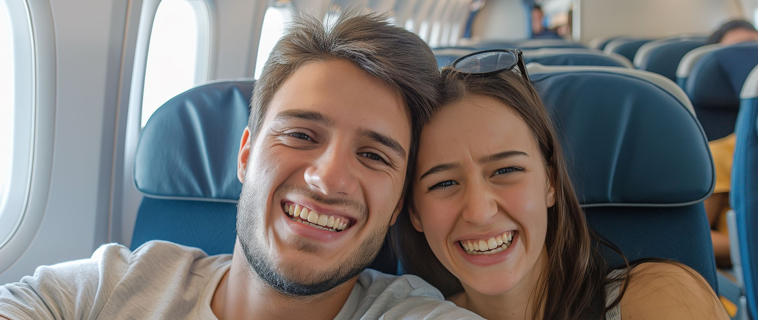 Paar Flugzeug Selfie Paar auf dem Weg in die USA