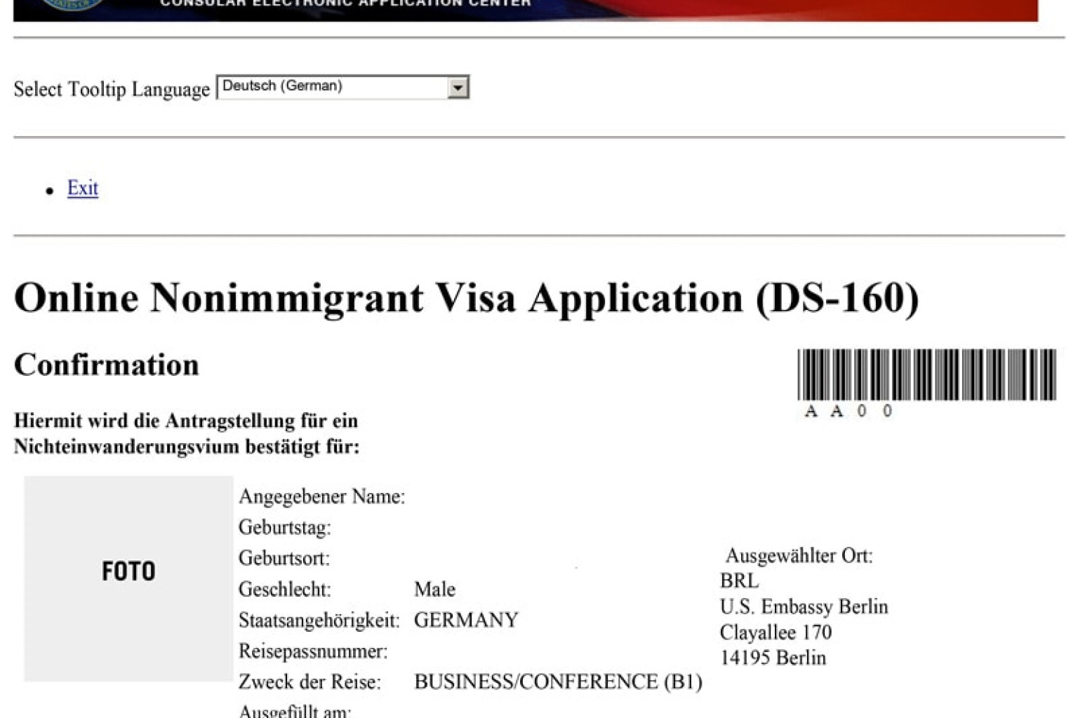 DS 160 Formular Online Nonimmigrant Visa Application